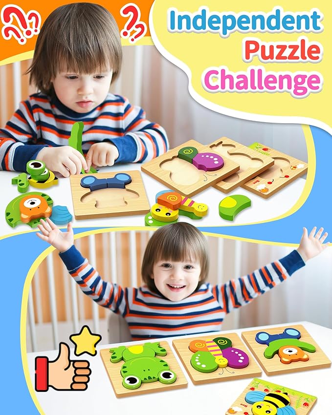 Bekayshad Wooden Puzzles Toddler Toys Gifts for 1 2 3 Year Old Boys Girls, Animal Jigsaw Puzzles Montessori Toys, Learning Educational Christmas Birthday Gifts for Girls Boys Ages 1-3