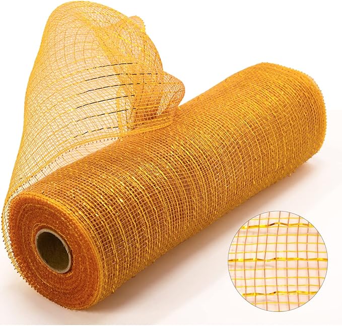 Koopi Deco Mesh 10 inch x 30 Foot Each Roll, Set of 2 Gold/Brown with Gold Metallic Foil Poly Mesh Ribbons for Wreaths, Swags, Craft, Party and Decorating Supplies- 2 Rolls