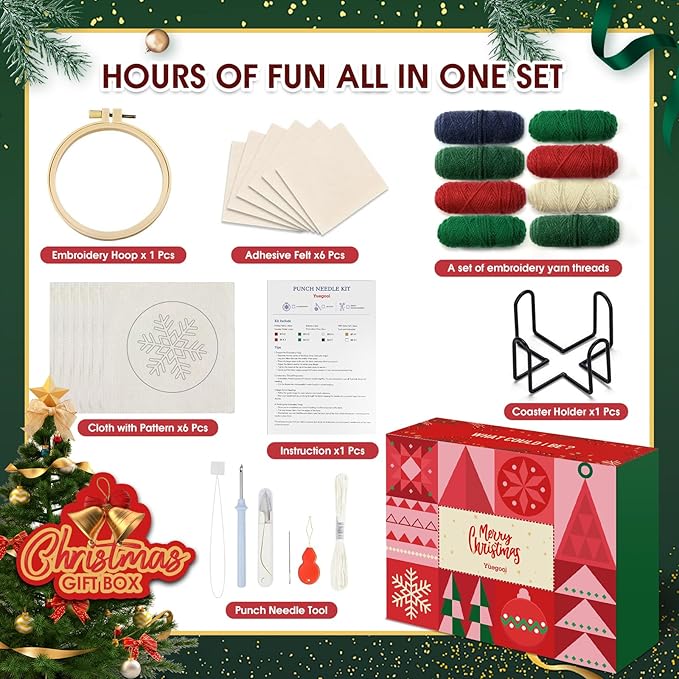 yuegool 6PCS Christmas Punch Needle Coasters Kit,Easy DIY Punch Needle Embroidery Kit for Beginners Adults Kids Including Patterns, Tools, Yarns, Hoop, Instruction, Coaster Holder Art Craft Supplies
