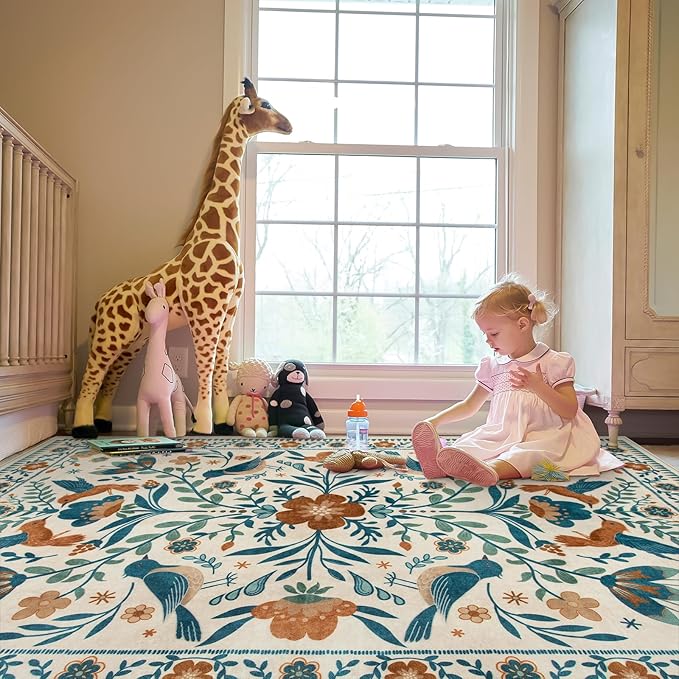 Morebes Washable Floral 8x10 Area Rugs for Living Room, Soft Insect Rug for Bedroom Non Slip, Ultra-Thin Distressed Birds Indoor Floor Throw Carpet for Classroom Playroom Farmhouse, Beige/Multi