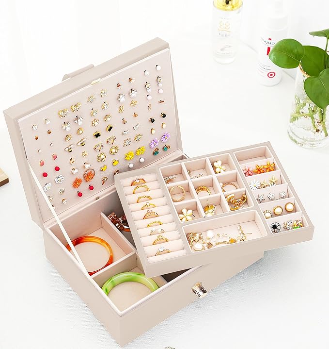 Girls Jewelry Box Earring Holder Organizer for Girls Jewelry Organizer Box Stud Earrings Organizer for Girls Womens Beige Jewelry Box for Earrings and Necklaces Rings Stud Earring Box for Teen