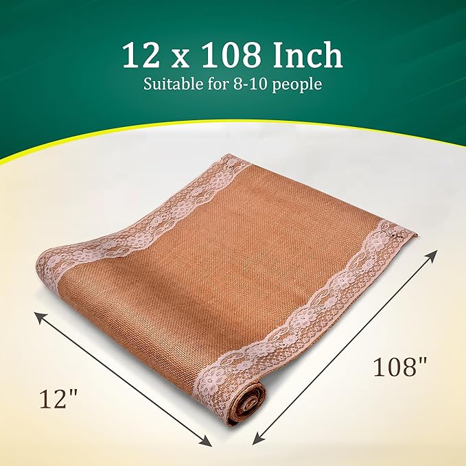 Burlap Lace Table Runner (Pack of 6) – 12”x 108” - No-Fray Finished Edge Natural Table Runner – No Odor, Eco-Friendly Burlap Runner - Perfect for Christmas, Wedding, Thanksgiving