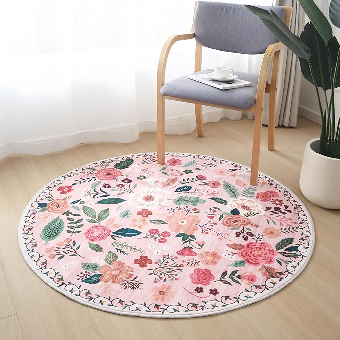 Rugcomf Round Rug 6ft Washable Circle Rug Non Slip Low Pile Boho Floral Small Circular Rug for Bedroom, Bathroom, Entryway, Kids Room, Office, College Dorm(Pink)