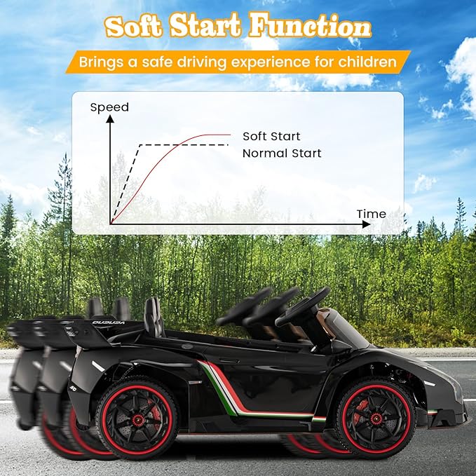 Costzon Ride on Car, Lamborghini Licensed 12V Battery Powered 4WD Sports Car with Remote Control, 3 Speeds, Hydraulic Doors, LED Lights, Towing Wheel, Horn, Music, Electric Vehicle for Kids Aged 3-8