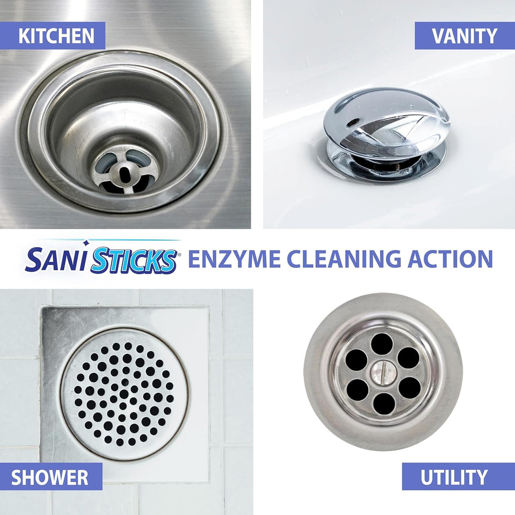 SANI 360° Sani Sticks Drain Cleaner and Deodorizer, 24 Count, Lemon Scent Enzyme Pipe Cleaners, Eliminate Odors, Prevent Clogged Drains, Safe for Sinks, Bathtub Drains, Septic Tanks