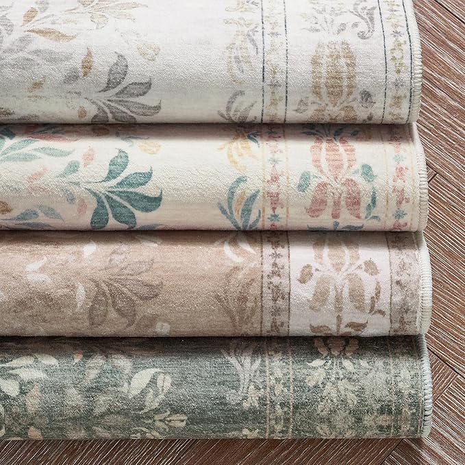jinchan Vintage Floral Runner Rug 2x5 - Machine Washable Distressed Design Non-Slip Low-Pile Soft Thin Carpet for Hallway Kitchen Farmhouse Bedroom Entryway Laundry Room (2x5ft,Coral Pink)