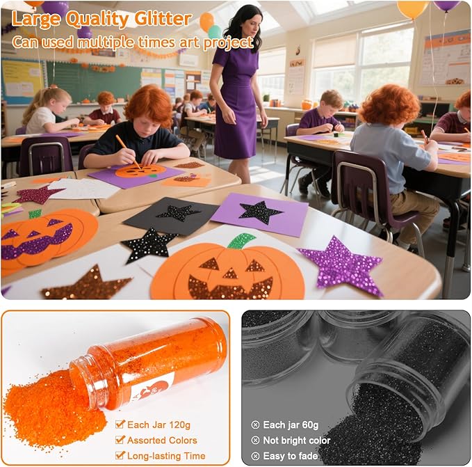 Ceya Bulk Chunky Glitter 6 Colors,4.23OZ Fall Crafts Helloween Glitter,1/24”for Pumpkin,Snowglobe Tumbler,Nail,School Classroom Art,DIY Craft Slime Poster Card,Orange,Purple,Black,White,Bronze,Brown