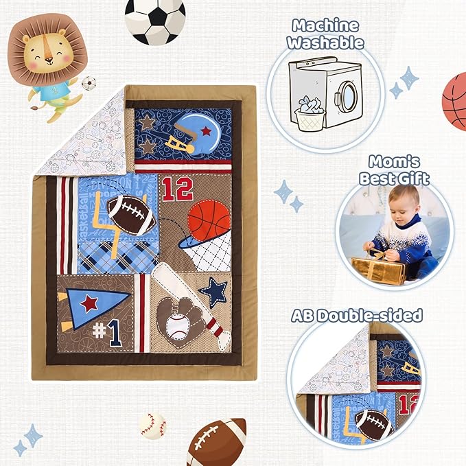 Wowelife Sports Mini Crib Bedding Set Boys Brown 3PCs Mini Crib Comforter Set Basketball Baseball Rugby Nursery Bedding Sets for Boys with Soft Comforter, Crib Skirt and 38x24 Sheet, Brown
