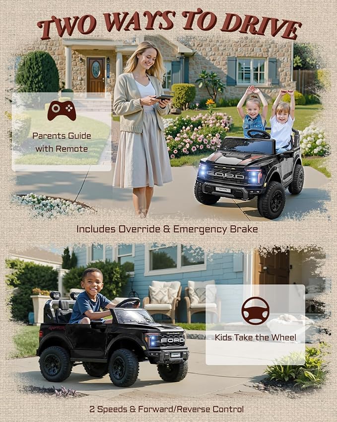 24V Ride on Toys for Big Kids, Licensed Ford F-150 Raptor 2 Seater Kids Ride on Car w/Remote Control, Toddler Electric Car w/LED Lights, Bluetooth, Truck Bed Storage, Soft Start (Black)