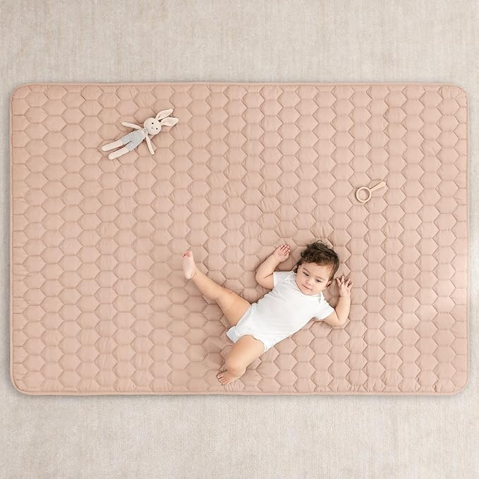 Comfy Cubs Rectangle Kids Play Mat - Medium 48 x 72 inches Soft Quilted Baby Floor Mat with Non-Slip Bottom - Plush Design for Toddlers Playtime and Relaxation - Comfortable and Durable - Blush