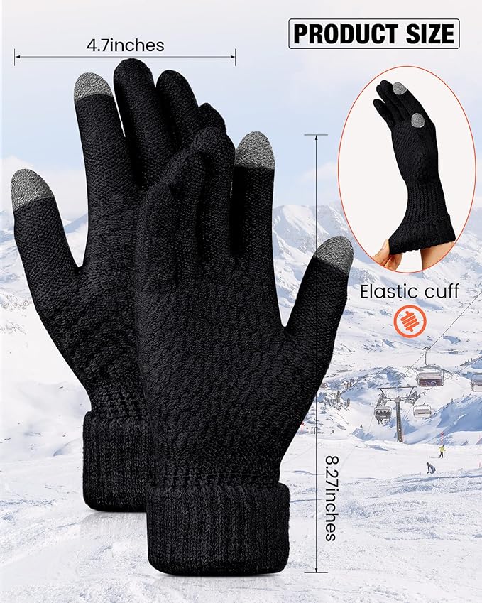 Geyoga 2 Pairs Women's Winter Touch Screen Gloves Soft Warm Fleece Lined Knit Elastic Cuff Winter Texting Gloves