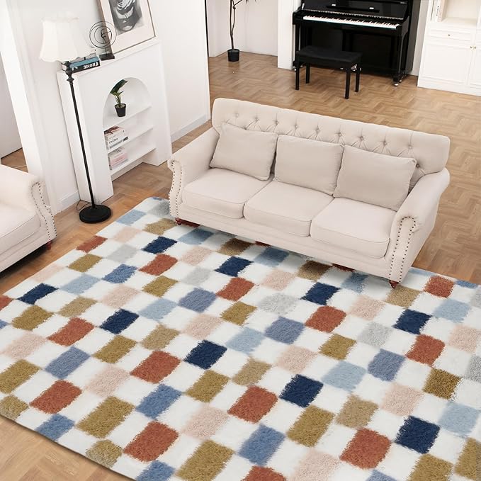 Super Soft Rug for Bedroom, 8x10 Ft Rainbow Area Rug Classic Checkered Shaggy Rug Anti-Skid High Pile Soft Fluffy Fuzzy Carpet for Living Room Bedroom Kids Room Nursery, Dorm Home Decor