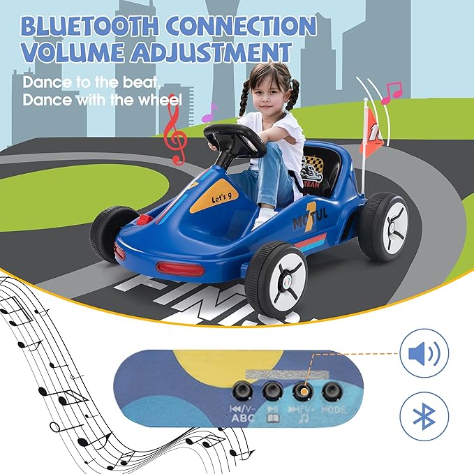 TOBBI 12V Electric Go Kart for Kids Battery Powered Ride on Car Outdoor Race Toy with Remote Control, Safety Belt, Music, LED Lights and Flags for Toddlers 3-8 Years, Blue