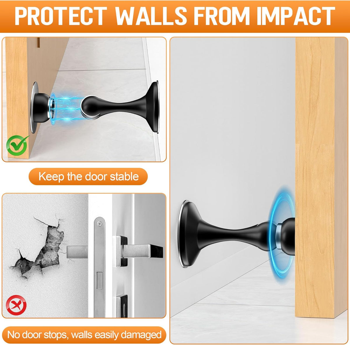 Crosize Magnetic Door Stoppers 4 Pack, Stainless Steel Door Catch for Wall and Floor Mounting, Door Holder Keep Door Open, No Drilling Door Stop with Adhesive Tapes, Black