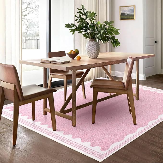 Scalloped Washable Rug 5x7 Area Rugs for Living Room, Solid Pink Rugs for Bedroom Girls, Non Slip Scalloped Rug Throw Mat with Rubber Back, Soft Dorm Nursery Low Pile Carpet for Dining Room