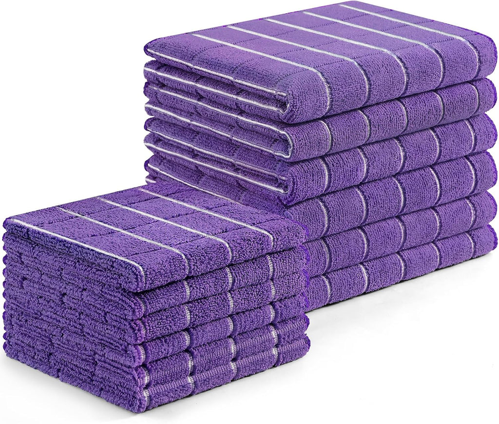 Homaxy Microfiber Kitchen Towels and Dishcloths Set, 12 Pack Soft and Absorbent Dish Hand Towels Bulk, 28 x 16 Inch & 12 x 12 Inch Quick Drying Rags for Washing Dishes, Purple