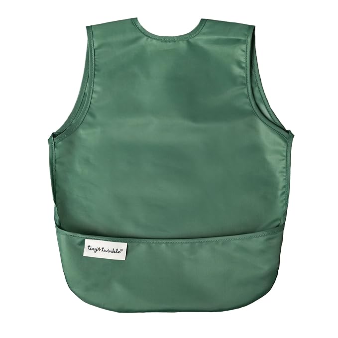 Tiny Twinkle Mess Proof Baby Bib - Waterproof & Lightweight Baby-Led Weaning Apron | 100% Recycled Polyester, Easy Clean & Machine Washable (Olive Green, Small 6-24 Months)