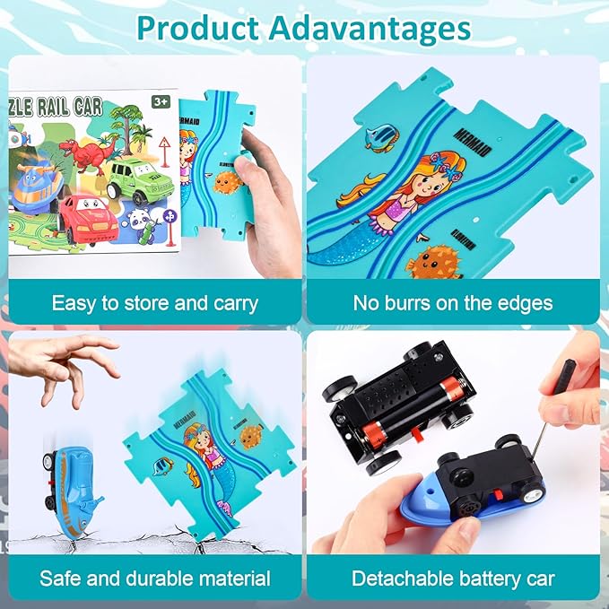 25PCS Puzzle Racer Kids Car Track Set, Rail Car Puzzle Track Ocean Themed Series, Puzzle Track Car Play Set, Toddler Puzzle Track Car, Educational Puzzle Toys Gifts for Kids Boys and Girls