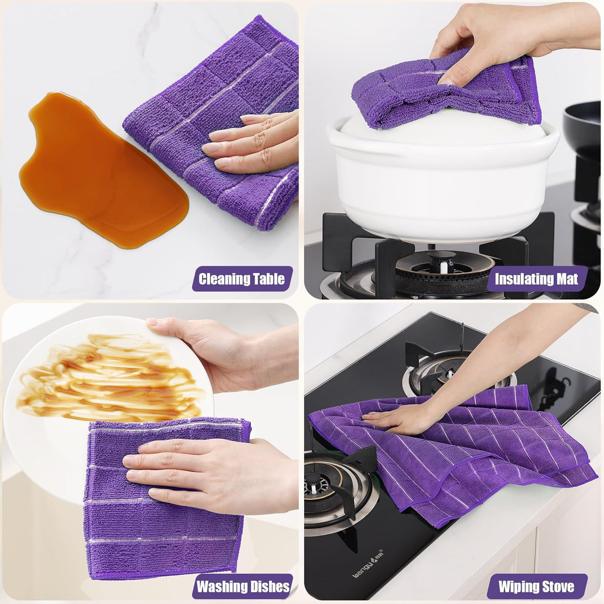 Homaxy Microfiber Kitchen Towels and Dishcloths Set, 12 Pack Soft and Absorbent Dish Hand Towels Bulk, 28 x 16 Inch & 12 x 12 Inch Quick Drying Rags for Washing Dishes, Purple