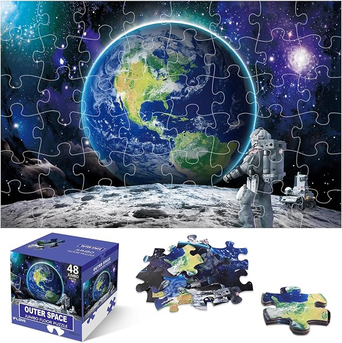 Jumbo Floor Puzzle for Kids Ages 4-8,Space Earth Jigsaw Puzzles,48 Piece Astronaut Large Puzzles for Toddler Ages 3-5,Preschool Learning Planets Earth Toys Christmas Birthday Gift for Boys Girls