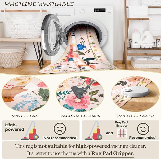 Floral 6x9 Area Rug Machine Washable Soft Print Boho Carpet Non Slip Doormat Low Pile Flower Area Rugs for Living Room Bedroom Nursery Kitchen Dining Room Indoor-Pink