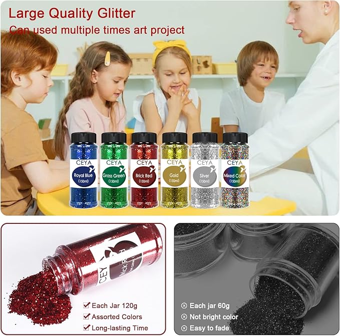 Ceya Bulk Chunky Glitter 6 Assorted Colors, 4.23OZ Each Jar Crafts Christmas Glitter, 1/24” Medium Size Nail Sequins for School Classroom Art,DIY Craft Slime Poster Card,Red,Blue,Silver,Gold,Green,Mix