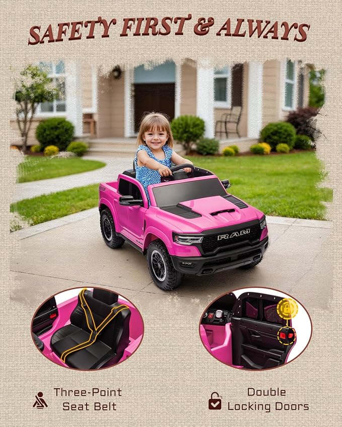 Licensed Ram 1500 12V Ride on Toys, Kids Ride on Car with Remote Control, Electric Vehicle for Toddler with Smooth Start, Pickup Truck Bed Storage, Spring Suspension, Aux Port (Pink)