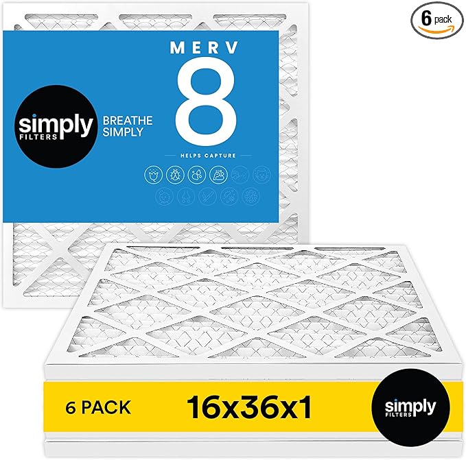 Simply 16x36x1 Air Furnace Filter For HVAC, Merv 8, 6 Pack (Actual Size: 15.75"x35.75"x0.75") DUST, Pet, & Allergy Control,