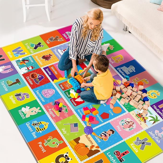 Kids Rug for Playroom, Kids Baby Playmat with Alphabet, Month, Weather, Week and Shapes ABC Educational Rug, Play Mat Carpet for Bedroom Classroom (110.2X78.7 INCH, Weather)