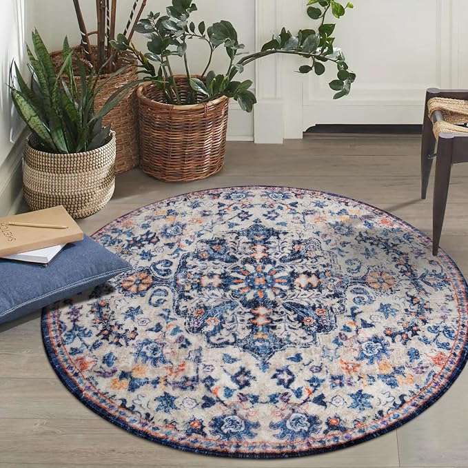 Lahome Bohemian Round Rug 3Ft Small Bedroom Round Area Rug Soft Bathroom Circle Mat, Vintage Machine Washable Non Slip Low Pile Indoor Floor Carpet for Kitchen Laundry Entryway, Blue Purple/Multi