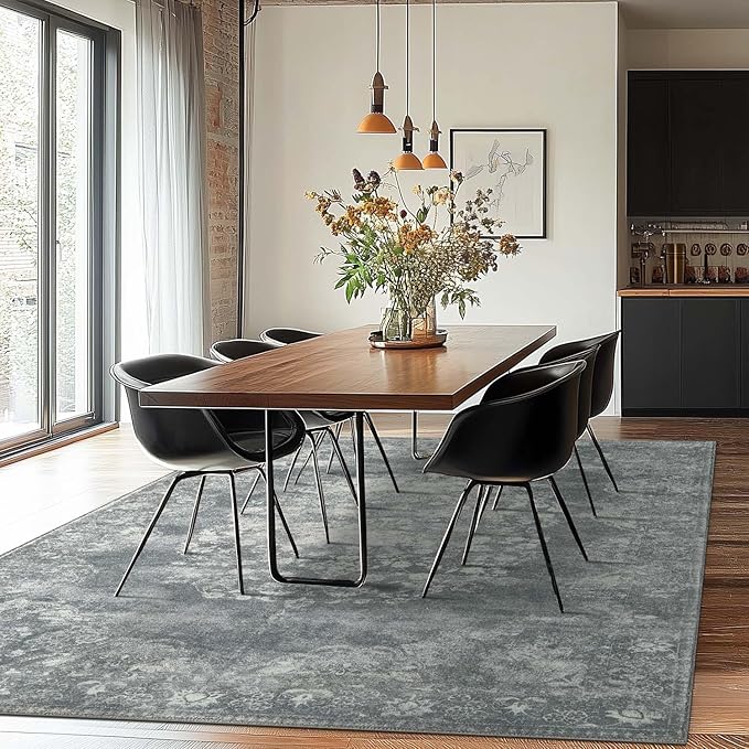 jinchan Washable Area Rug 8x10 for Living Room - Soft Faux Wool Ultra-Thin Stain Resistant Non-Slip Distressed Vintage Floral Large Carpet for Bedroom,Dining Room,Home Office,Nursery(Grey, 8'x10')
