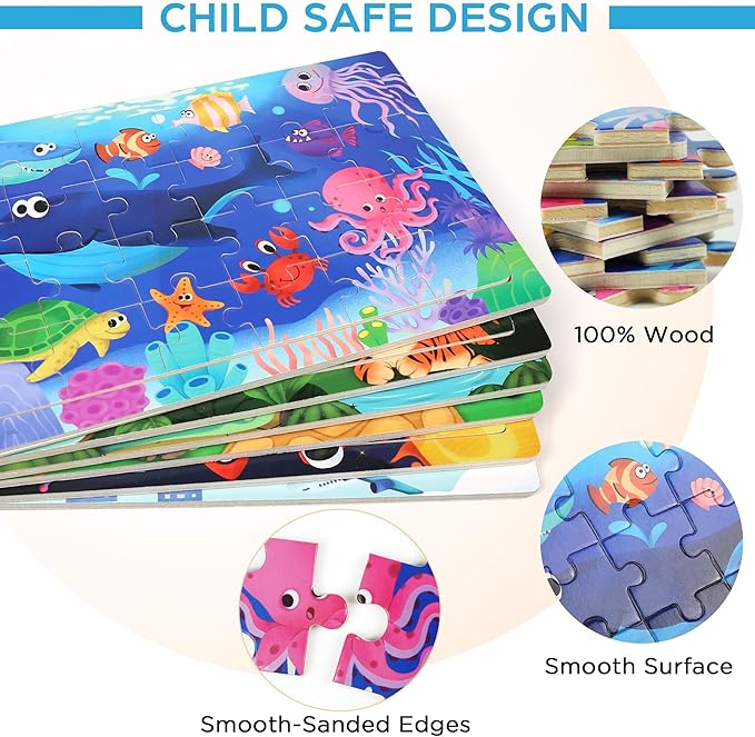 BenBen Puzzles for Kids Ages 4-6, 6 Pack 24 Piece Wooden Jigsaw Puzzles for Toddlers Ages 3-5, Preschool Learning Educational Toys for Boys Girls