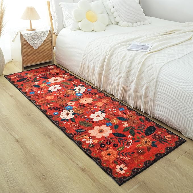 Rugcomf Runner Rug for Hallways Kitchen Rug Non Slip 2'x 6' Washable Runner Rugs with Rubber Backing Soft Floral Carpet Runner for Hallways, Kitchen, Laundry, Bedroom, Bathroom(Red)