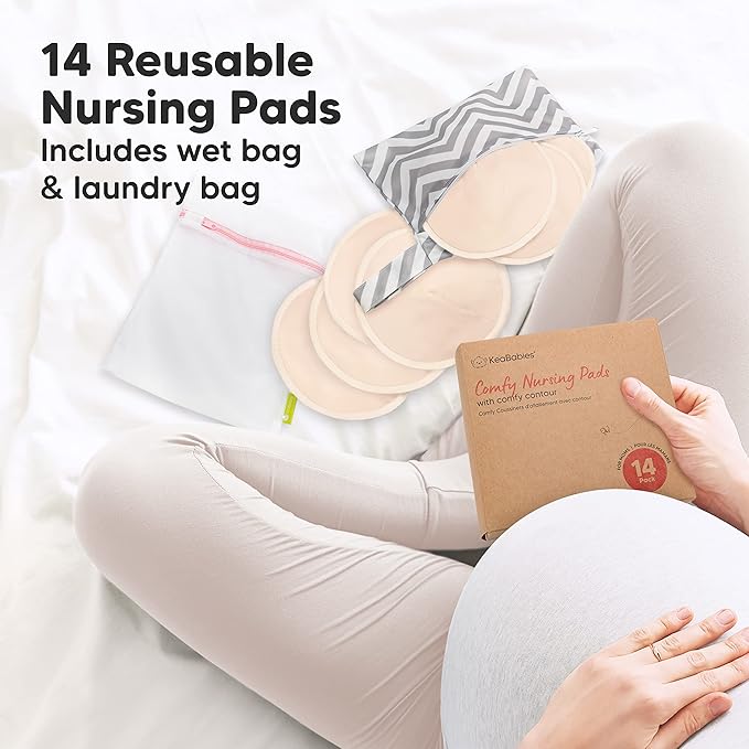 Organic Nursing Pads - 14 Washable Viscose Derived from Bamboo Breastfeeding Pads, Wash Bag, Reusable Breast Pads for Breastfeeding, Nipple Pads for Breastfeeding Essentials(Bare Beige, XL 5.5")