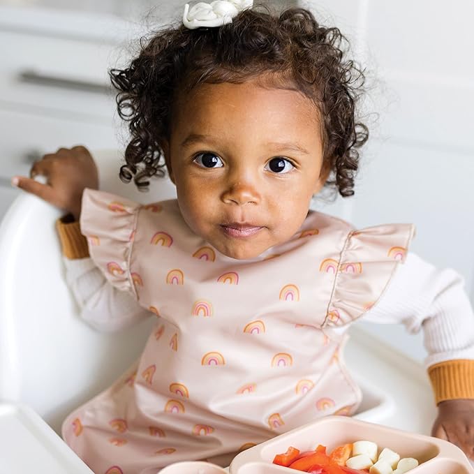 Tiny Twinkle Mess Proof Baby Bib - Waterproof & Lightweight Baby-Led Weaning Apron | 100% Recycled Polyester, Easy Clean & Machine Washable (Boho Rainbow, Small 6-24 Months)