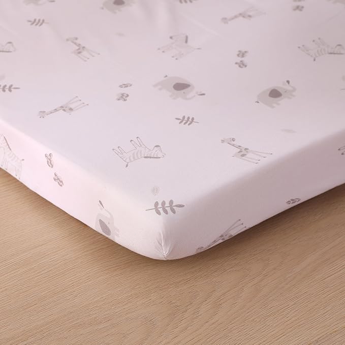 Wowelife Mini Crib Bedding Set Boy, 3 Piece Baby Bedding Set Nursery Bedding Set Elephant, Giraffe, Zebra Breathable Soft for Baby Boy with Comforter, Crib Fitted Sheet and Crib Skirt, Gray