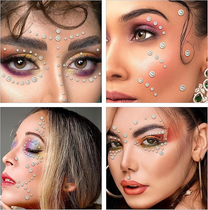 Self Adhesive Face Gems and Pearls for Makeup, Festival Jewels, Hair Gems Pearls, 3/4/5/6/8 mm Round Rhinestone Stickers for Face, Eye, Makeup, Body, Crafts 591Pcs (04_White Pearl)
