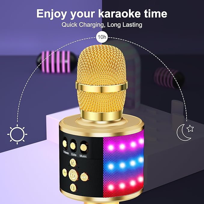BONAOK Karaoke Microphone for Kids & Adults - Bluetooth Microphones Singing Mic with Disco Lights, Echo Effect, Built-in Speaker Portable Karaoke Player for Party Travel Gifts Q78(Gold)