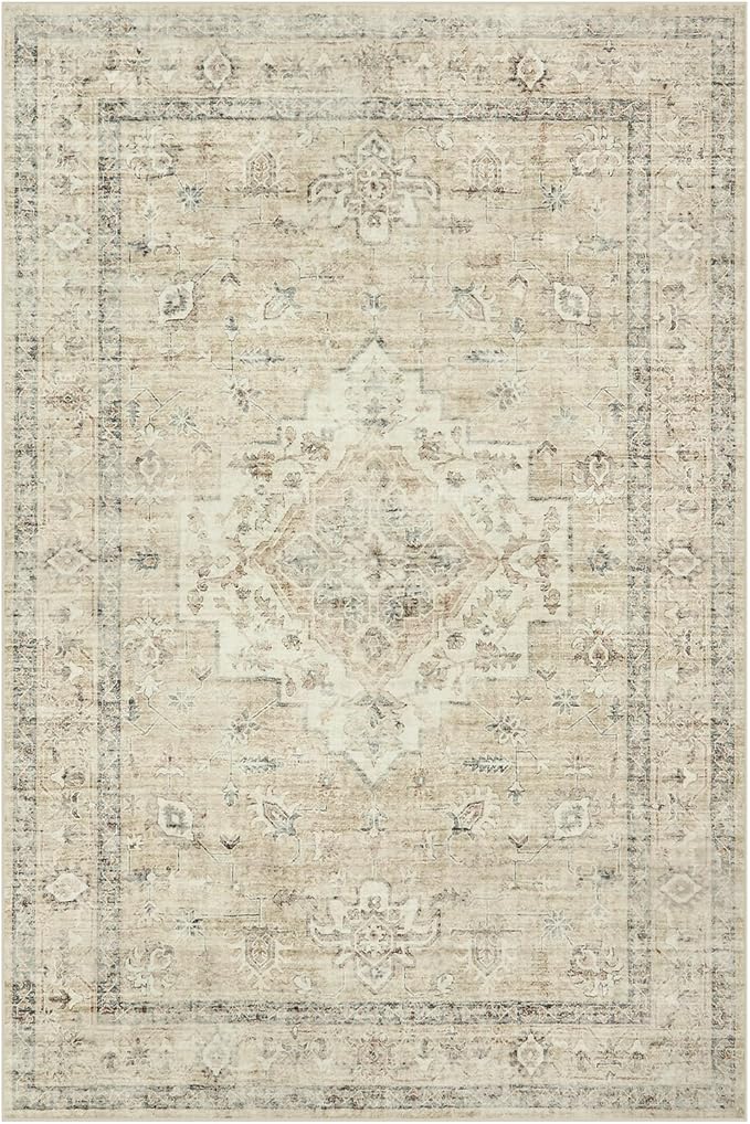 LIVEBOX Washable Area Rug 6x9 Rugs for Living Room Dining Room Under Table, Non-Slip Boho Neutral Carpet for Bedroom, Low-Pile Farmhouse Soft Carpets for Nursery Room Playroom, Tan