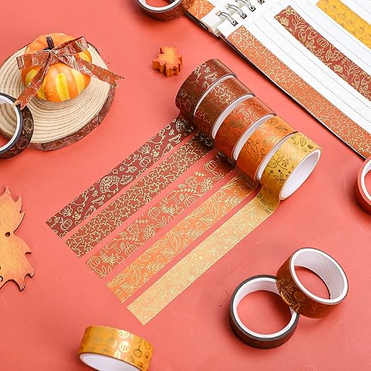 Whaline 12 Rolls Fall Washi Tapes Foil Gold Decorative Tape Autumn Gnome Pumpkin Fall Leaves Turkey Patterned Masking Tape for Fall Thanksgiving Scrapbook Journal DIY Craft Gift Wrapping, 0.6Inch
