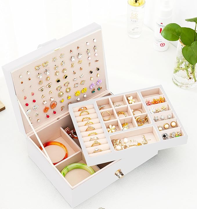 Girls Jewelry Box for Earrings Jewelry Organizer Box Teen Girls Earrings Organizer Jewelry Box Earring Holder Organizer Stud Earring Box for Girls Womens Jewelry Case Organizer White