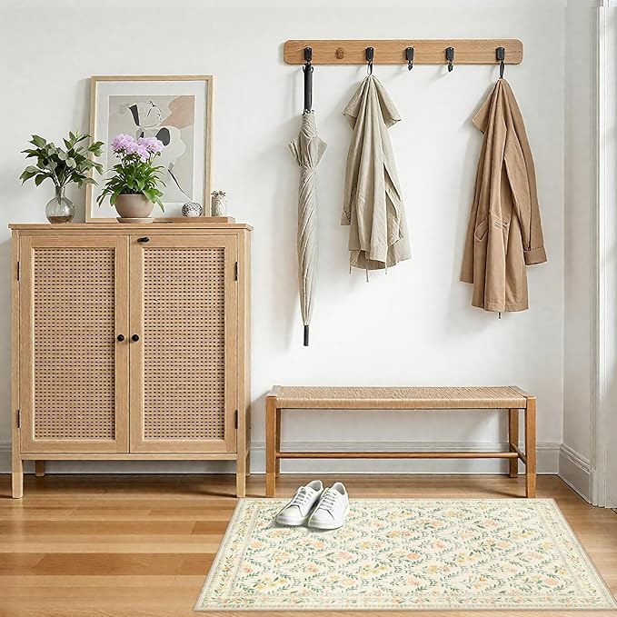 Entryway Rug 2X3 Small Rugs: Floral Washable Door Mat Vintage Soft Low Pile Non-Slip Kitchen Rugs Stain Resistant Indoor Throw Rug for Entrance, Bedroom, Kitchen, Laundry, Bathroom Beige/Multi