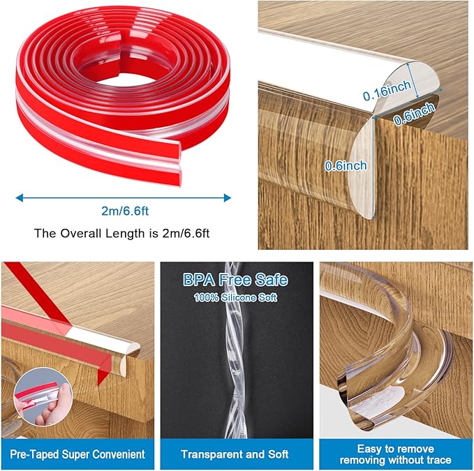 Baby Proofing, 0.6in Edge Protector Strip Clear, Thickened Silicone Soft Corner Protectors with Upgraded Pre-Taped Strong Adhesive, 6.6ft Edge Protectors for Sharp Corners of Cabinets, Tables, Drawers
