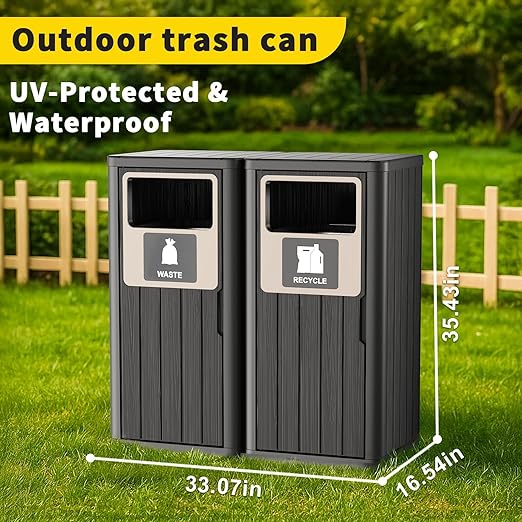 Outdoor Double Barrel Trash Can,Waterproof Resin Garbage Can with Garbage Labels,Durable Waste Bin for Porch, Backyard,Kitchen,for 30 to 39 Gallon Trash Bags