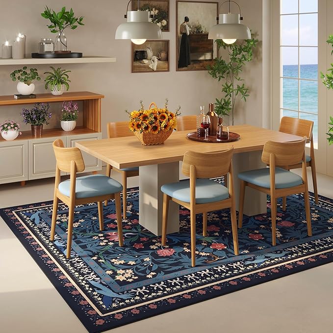 Area Rugs 8x10 for Living Room Clearance Washable Vintage Floral Botanical Rug Non Slip Low Pile Large Rug for Bedroom, Farmhouse, Dining Room, Kids Playroom, Blue