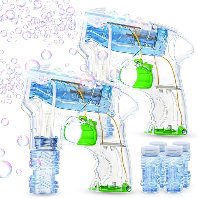 Kid Odyssey 2 Pack Bubble Gun with 4 Refill Solution and 3 Colorful LED Light, Bubble Machine for Kids, Bubble Maker for Party Favors, Birthday Gift, Indoor Outdoor Toys for Toddlers
