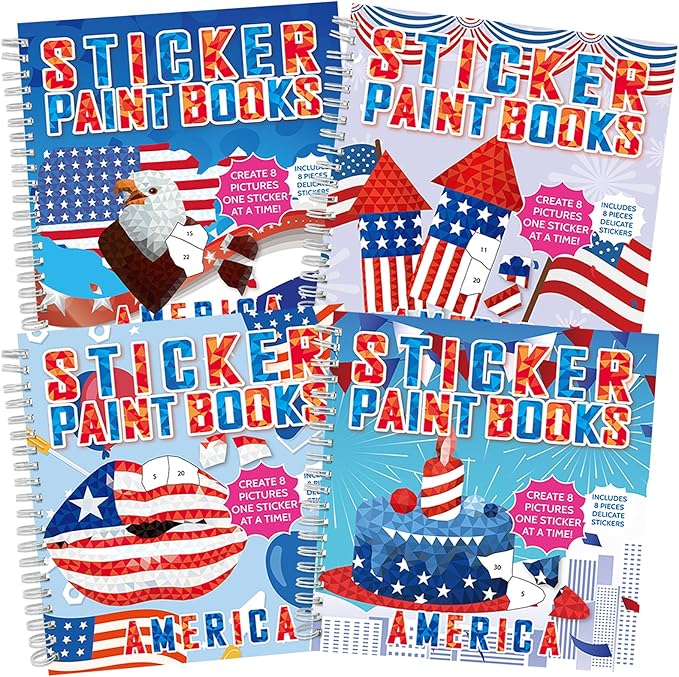 4Pcs Patriotic Paint by Sticker Books Sticker by Number Books Activity Book Puzzle Book Craft Art Gift Memorial Day 4th of July American Star 32 Pictures