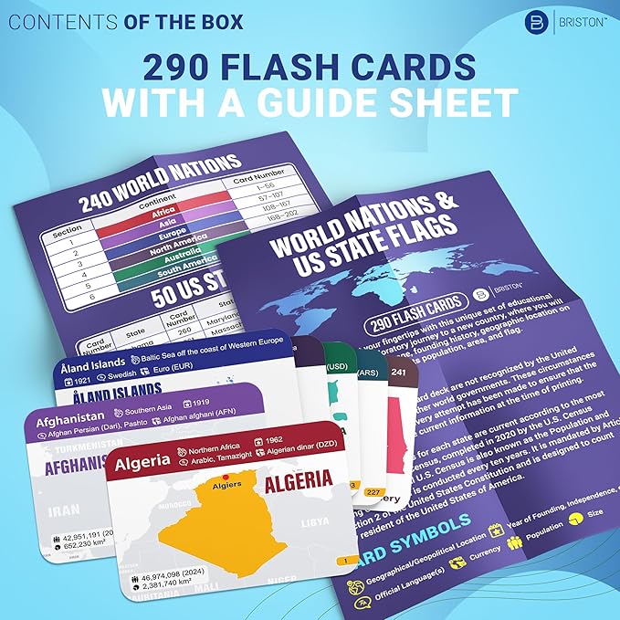 Countries of The World Flashcards – 290 Country & US States Complete with Capital, Continent, Flag & More – Educational Geography Flash Card Game Gift for Kids, Family & Adults [Updated August 2024]