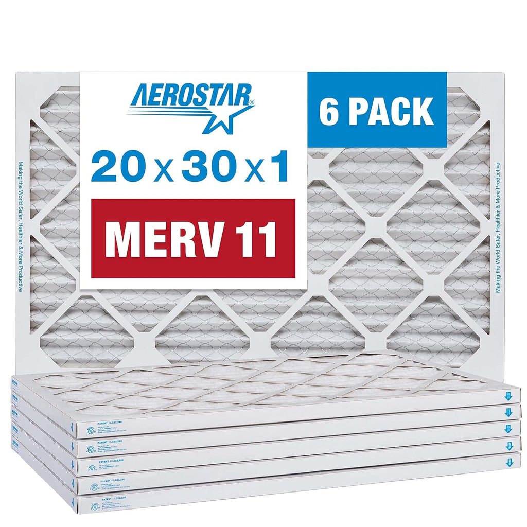 Aerostar 20x30x1 MERV 11 - 6 Count - Pleated HVAC, Furnace & Air Conditioner Filters - Removes Dust, Cold & Flu Germs, Lint, Mold, Pet Dander, Allergy-Causing Pollen, Smog & Smoke