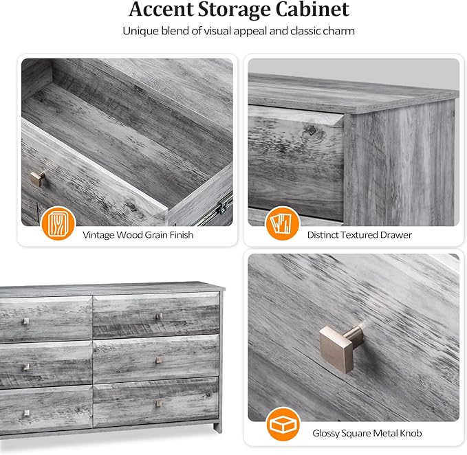 VINGLI Gray Dresser 6 Drawer, 54" Long Dresser for Bedroom, Wood Chest of Drawers with Textured Drawer Fronts, Rustic Grey Dressers Chest, 14.5" D x 53.9" W x 29.1" H